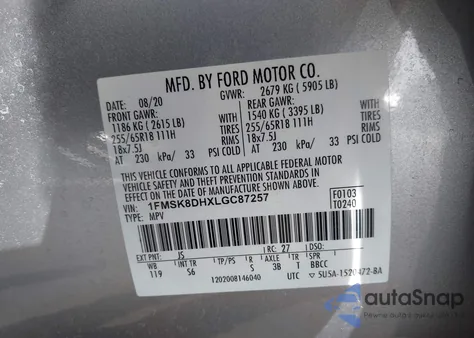 2020 Ford Explorer Xlt из США, поврежденный, VIN 1FMSK8DHXLGC87257